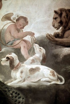 Detail: Hunde, Löwe und Putto mit Horn, Aufn. Löwenstein, Ursula von, 1943/1944