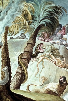 Ausschnitt: Afrika, Detail: Palme, Schlangen und Löwe mit
Jägern, Aufn. Cürlis, Peter, 1943/1945