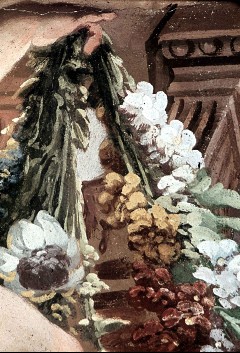 Längsseite mit Mundschenk und Dienern, unterer Abschluß,
Putten mit Blumenranke und Wappen, Detail, Aufn. Cürlis, Peter, 1943/1945