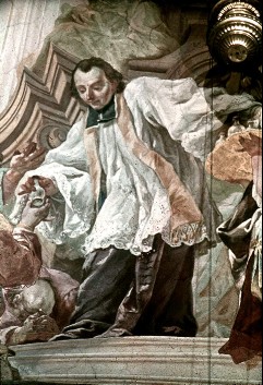 Hauptseite, ein Priester verteilt Fläschchen mit
wundertätigem Öl des Heiligen, Ausschnitt, 1943/1945