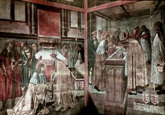 Südwestecke, Wenzel erhält vom Kaiser den Arm des heiligen
Veit; Wenzel und der Bischof von Regensburg legen die
Reliquie in den Altar, Aufn. Halewicz, Julius, 1943/1945