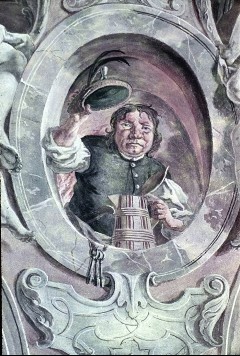 Zweite Schmalseite, Gewölbeanfänger: ovales Porträt eines
grüßenden Mannes (Selbstporträt Nosecks?), Aufn. Schulze-Marburg, Rudolf, 1944