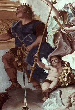 Ausschnitt mittlere Bildhälfte: Krieger und Engel mit Lanze
und kleiner Statue der Pallas Athene, Aufn. Wolff, Paul, 1943/1945
