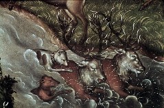 Ausschnitt: zwei Hirsche im Wasser mit zwei Jagdhunden, Aufn. Schön, Inge, 1943/1945