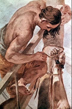 Ausschnitt, ein Scherge bindet die Füße Petri an das Kreuz, Aufn. Bühring, Sigrid, 1945.03-1945.04