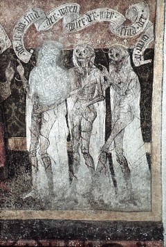 Detail: drei Tote, Inschrift: "der ir da sind der waren
wier, der wier sind der weret ir", Aufn. Müller und Sohn, 1943/1945