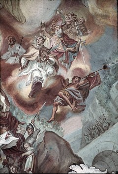 Detail: Engel und die Heiligen Johannes Nepomuk, Nikolaus,
Franziskus, Antonius, Aufn. Müller und Sohn, 1943/1945