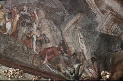 Detail, Hofgesellschaft und auf den Treppen sitzender
Pandur; im Hintergrund Folter des Johann Nepomuk, Aufn. Lamb, Carl, 1943.10-1944.03