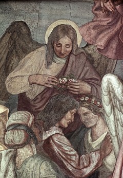 Ausschnitt links: ein Engel krönt ein auferstandenes
Liebespaar mit einem Blumenkranz, Aufn. Bollert, Eva, 1943/1944