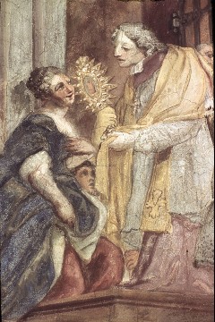 Ausschnitt: Priester mit Ostensorium, vor dem sich eine
adlige Frau verneigt, Aufn. Lamb, Carl, 1943.10-1944.03