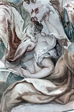 Ausschnitt: weibliche Allegorie (Caritas) schmiedet die
Kette zwischen Fides, dem Genius und dem Heiligen, Aufn. Roden, Bruno von, 1943/1945