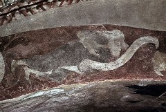 Detail: fragmentierte Figur und Schriftband (Ostwand des
Triumphbogens), Aufn. Schulze-Marburg, Rudolf, 1943/1944