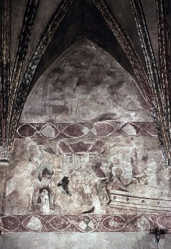 Detail: zwei durch Ornamentbänder unterteilte Wandbilder mit
nicht identifizierbaren Szenen (Chor), Aufn. Schulze-Marburg, Rudolf, 1943/1944