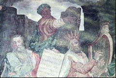 Detail: König David, Moses und Figur mit einer Schrifttafel
am linken unteren Bildrand, 1943/1945