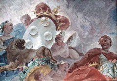 Detail: Wappenschild des Großherzogtums Toskana mit
Begleitfiguren und männliche Figur mit der Krone der
Lombardei, Aufn. Rex-Film, 1944/1945