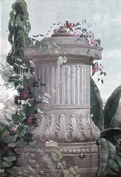 Detail: Postament mit Blumen und Wein bewachsen, Aufn. Rex-Film, 1944/1945