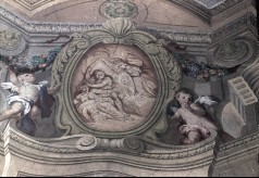 Detail: Kartusche mit Grisaillebild: Perseus enthauptet mit
Hilfe von Minerva die Medusa und flankierende Putten
(Randzone), Aufn. Rex-Film, 1943/1945