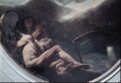Detail: der gefesselte Chronos und eine Personifikation der
Laster liegen im Dunkeln als Zeichen der überwundenen
Zeitlichkeit, Aufn. Rex-Film, 1943/1945