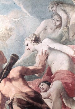 Detail: Venus mit Cupido und Grazien als Personifikation der
Sinnesfreude lockt den Jüngling, wird aber von Herkules als
Beschützer der Tugend zurückgedrängt, Aufn. Rex-Film, 1943/1945