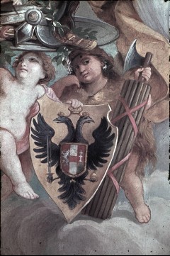 Detail: Putten mit Wappenschild des Hauses Habsburg, Aufn. Roden, Bruno von, 1943/1945