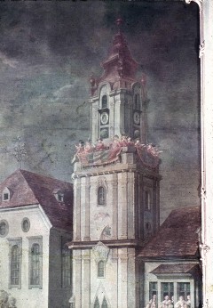 Detail: Kirchturm der Franziskanerkirche mit der Turmmusik, 1943/1945