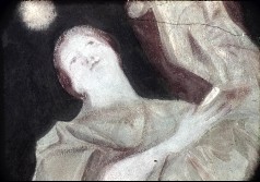 Detail: eine weibliche Gestalt mit der Statuette des
Heiligen Stephan in den Händen, 1943/1945