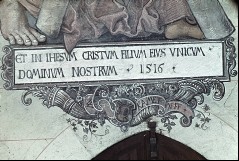 Detail: Schrifttafel unter Apostel Andreas, Aufn. Cürlis, Peter, 1943/1945