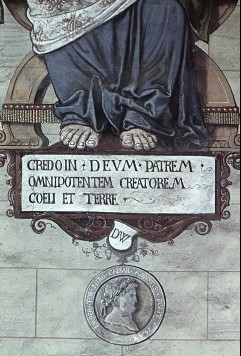 Detail: Schrifttafel unter Apostel Petrus, Aufn. Cürlis, Peter, 1943/1945