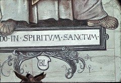 Detail: Schrifttafel unter Apostel Bartholomäus, Aufn. Cürlis, Peter, 1943/1945