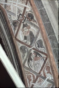 Südseite, Scheidbogen, Unterzug, Detail:
Ornamentik, musizierender Engel und Prophetenhalbfigur, Aufn. Schulze-Marburg, Rudolf, 1943/1944