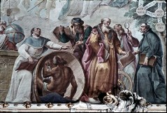 Detail: die Vertreter der Philosophie (von links):  der
Prämonstratenser Johannes Zahn, Diogenes, Ptolemaeus,
Aristoteles, Sokrates und Franz Suarez, Aufn. Schmidt-Glassner, Helga, 1944